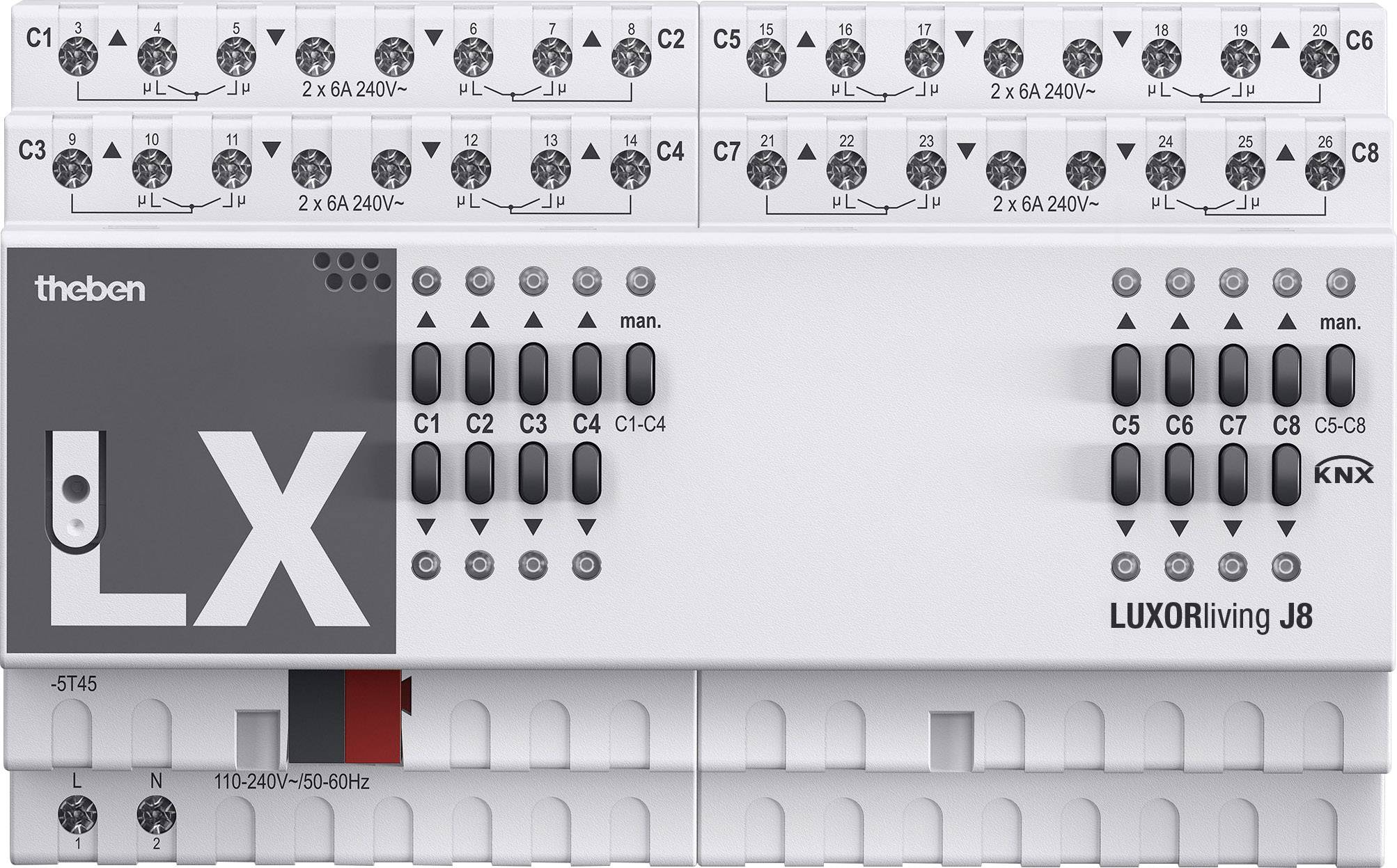 Theben LUXORliving J8 Modul mit KNX-Beschriftung, Schalter und Installationsmerkmale für Heimautomatisierung.