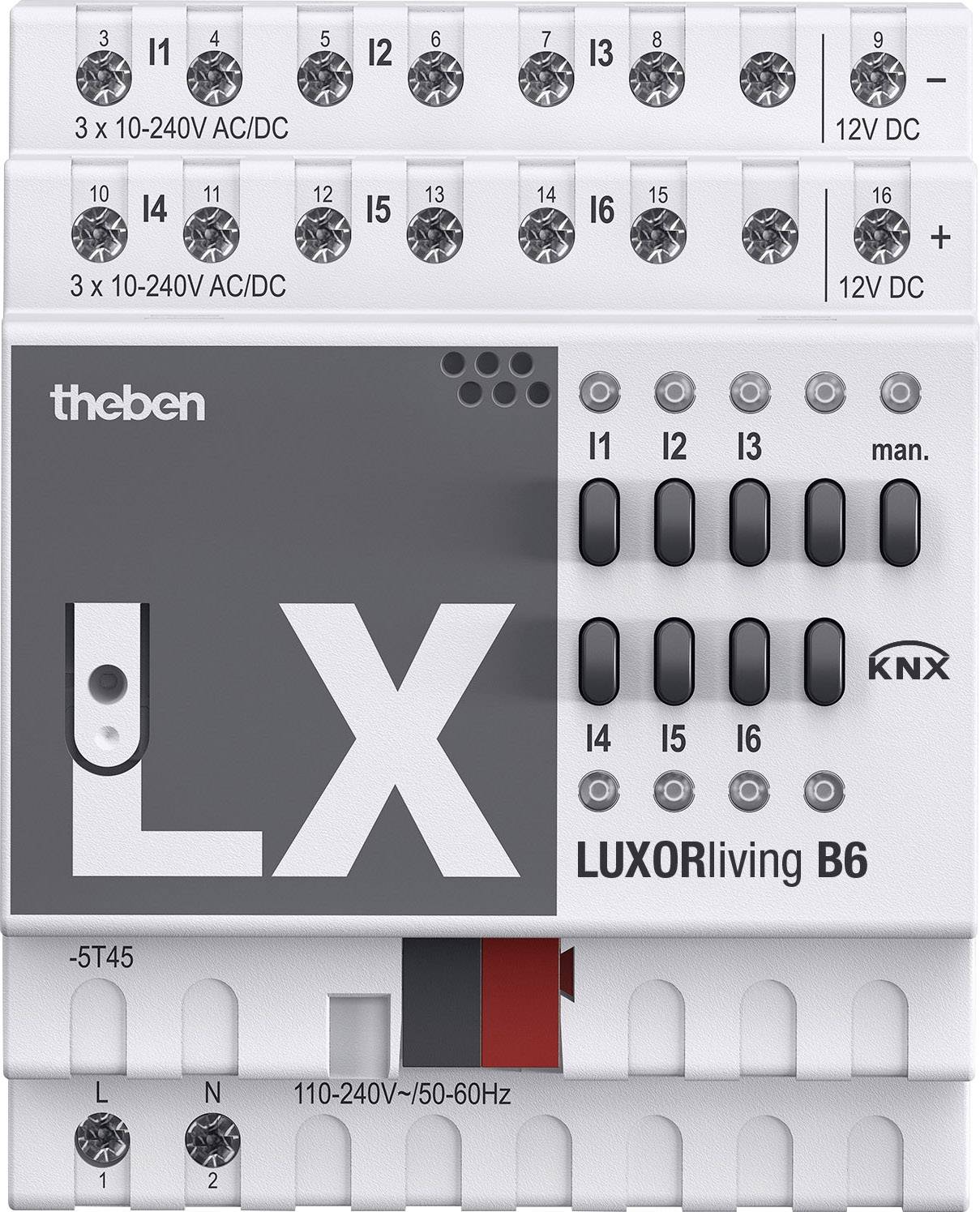Das Bild zeigt eine KNX-Steuereinheit Theben LUXORliving B6. Sie verfügt über verschiedene Eingänge, Ausgänge und Anschlussoptionen.