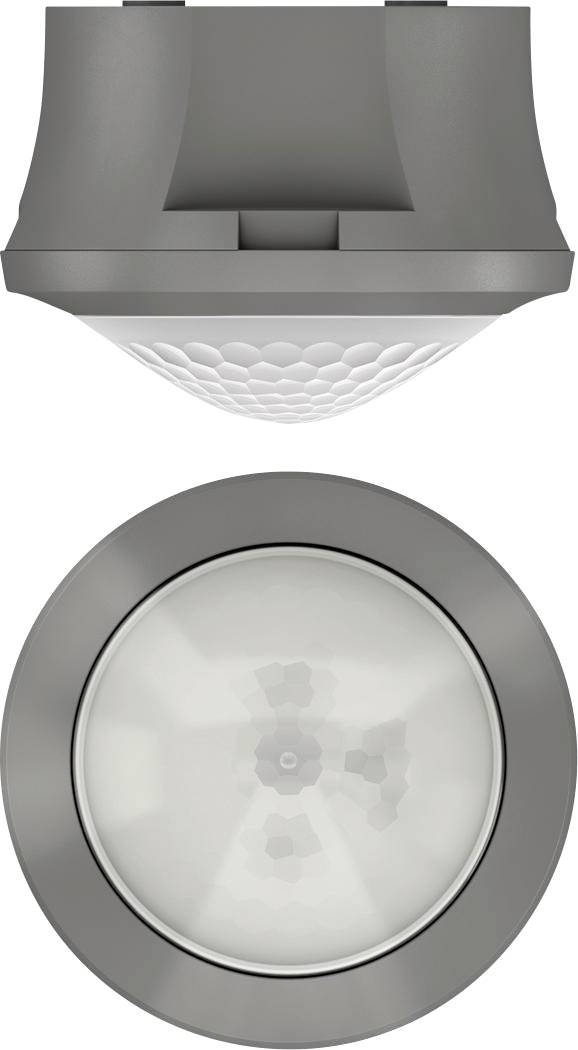 Grau-weißer Bewegungssensor in zwei Ansichten: Seiten- und Draufsicht. Sensorelement mit wabenartiger Struktur erkennbar.