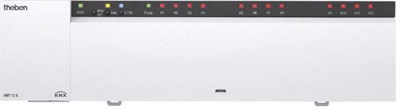 Ein weißes KNX-Gebäudeautomationsgerät von Theben mit mehreren LED-Statusanzeigen. Modell MMT 1.