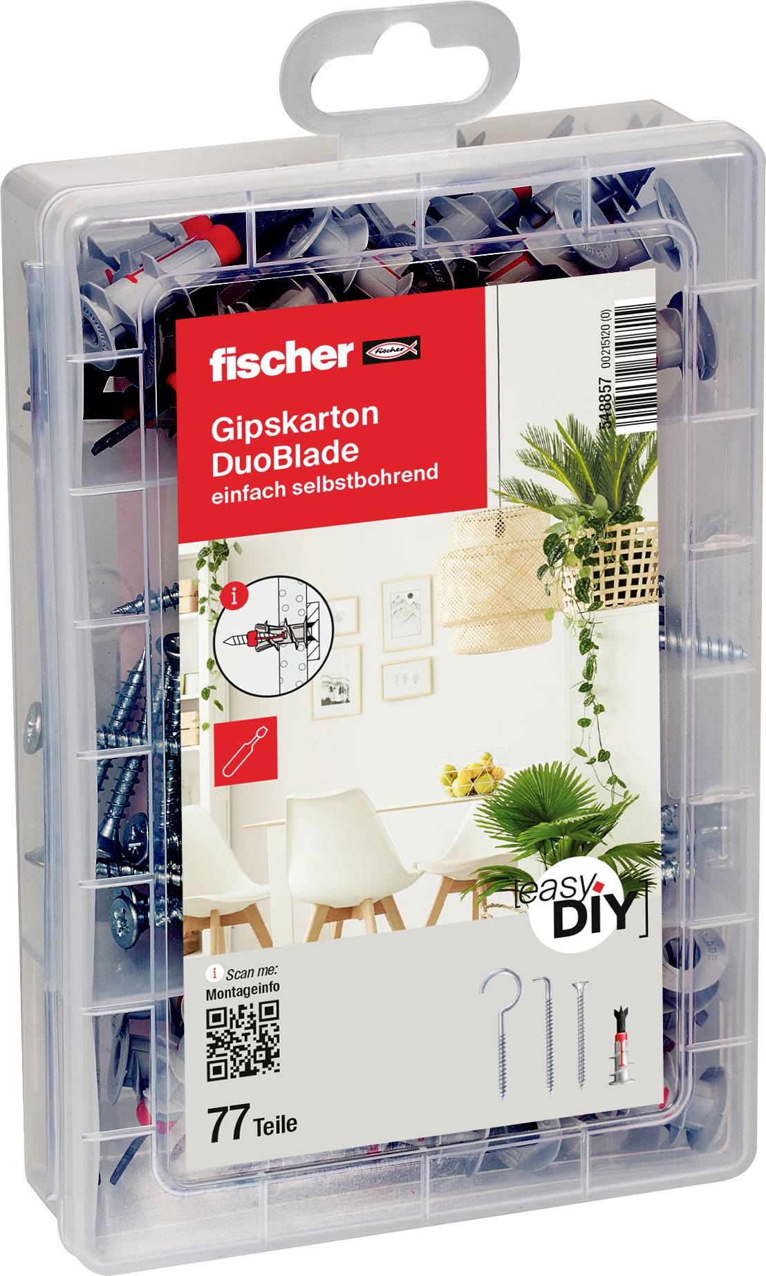 Eine Plastikbox mit 77 Teilen von Fischer, enthält Gipskarton-DuoBlade-Schrauben, für einfache Selbstmontage an Wänden.