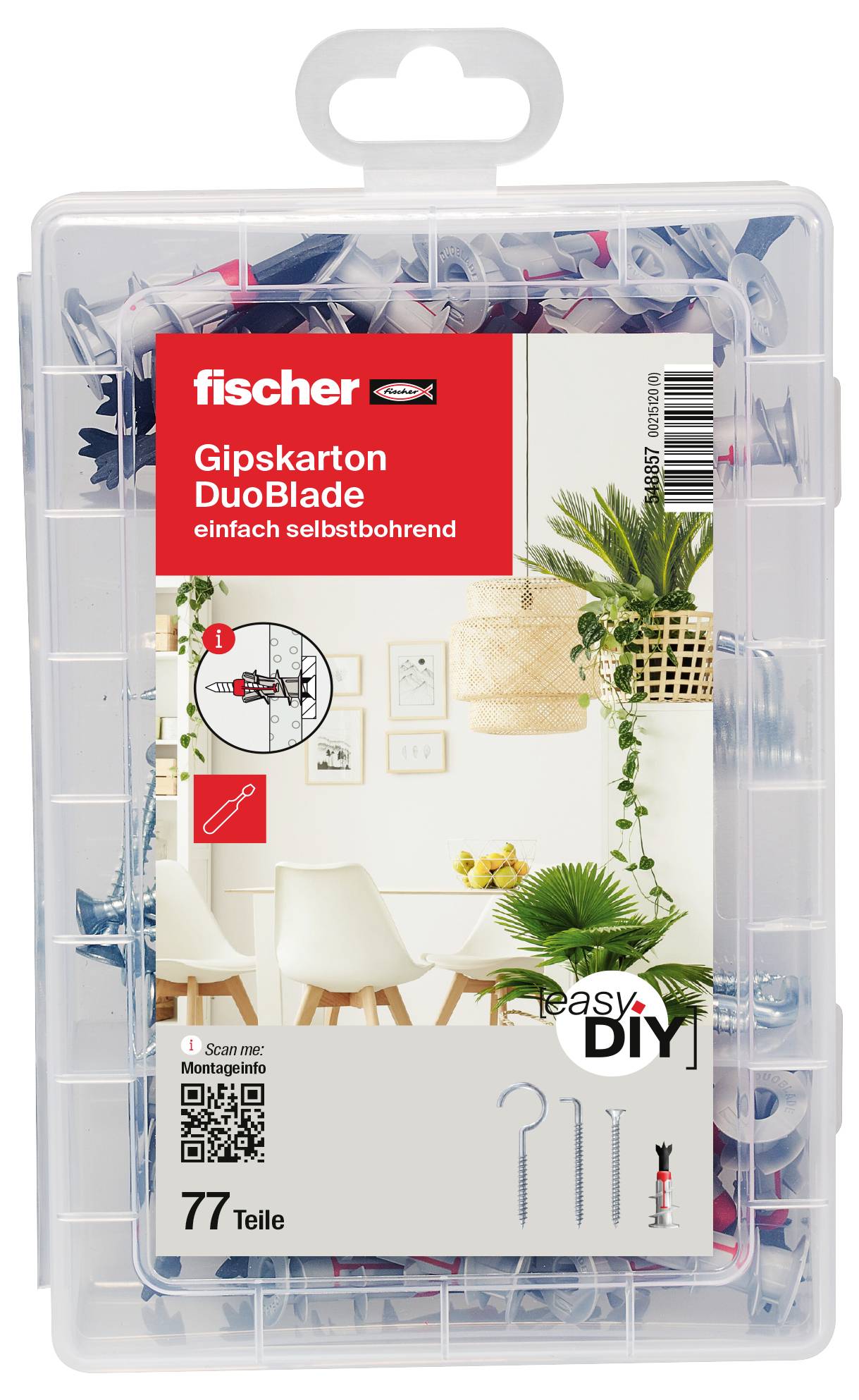 Verpackung eines fischer Gipskarton DuoBlade Sets mit 77 Teilen, geeignet zum einfachen Selberbohren.