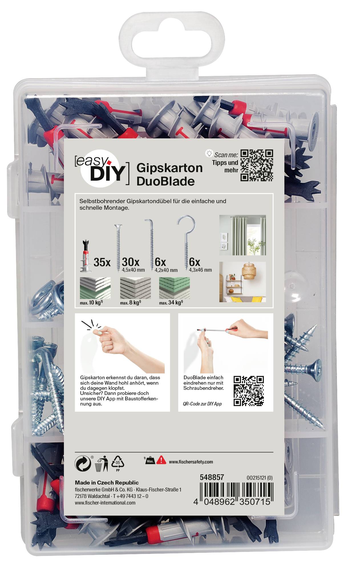 'Gipskarton DuoBlade' Setverpackung zeigt Schrauben, Dübel und Bildanleitung zur Montage von Regalen und Lampen bis 15 kg.