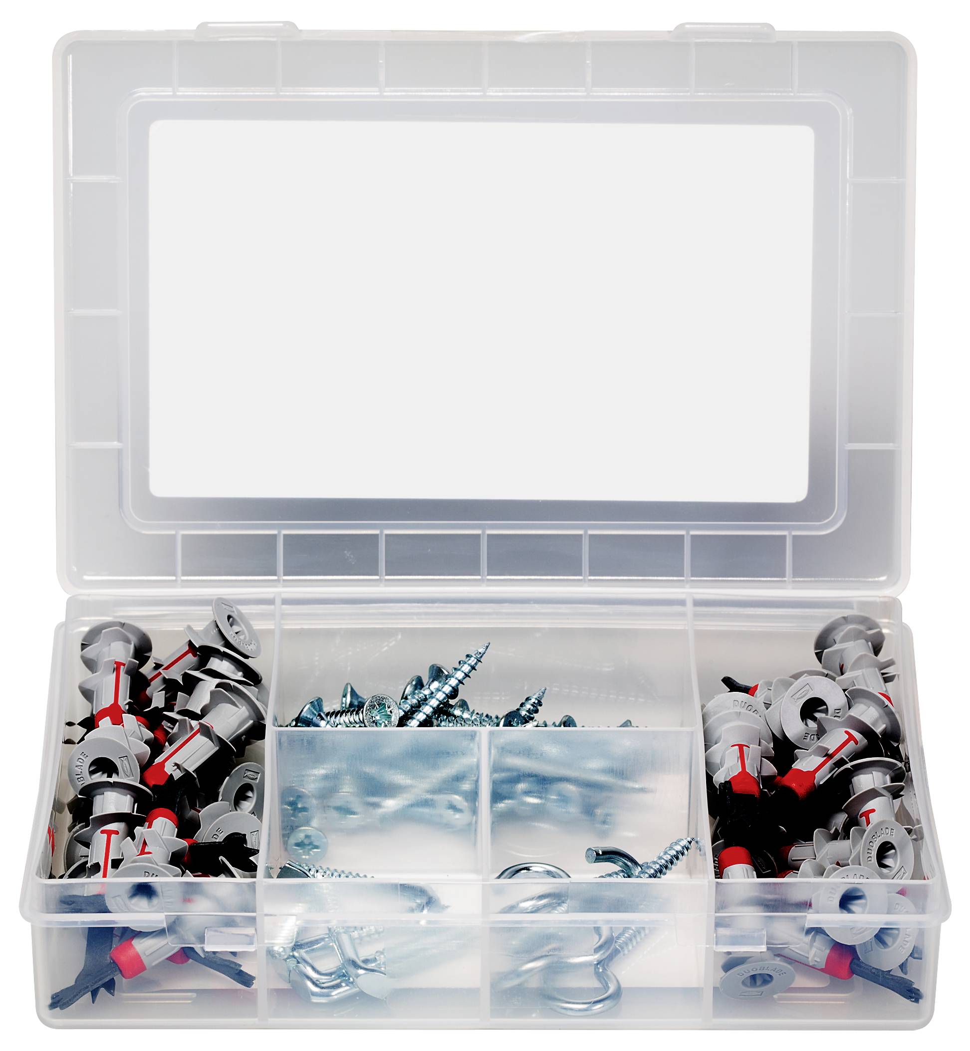 Eine offene Box mit mehreren Fächern voller Schrauben und Dübel.