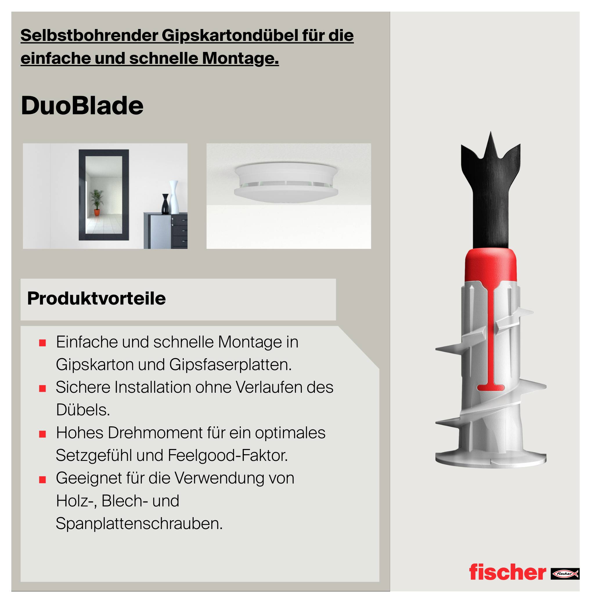Werbeplakat für den fischer DuoBlade Gipskartondübel: rechts der Dübel, links Anwendungsbilder und Produktvorteile zu schneller, sicherer Montage in Gipskarton.