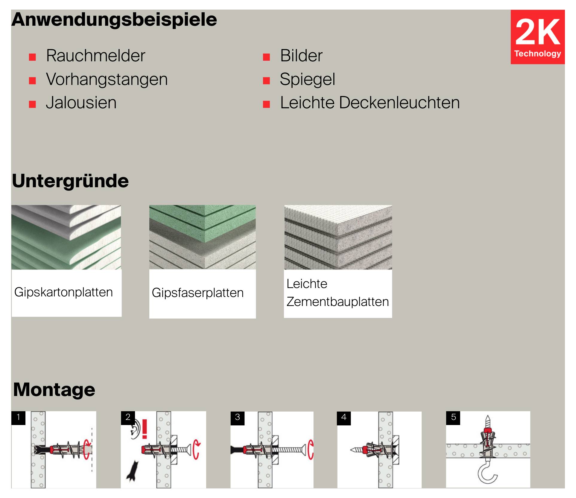 Infografik zu Anwendungsbeispielen der 2K-Technologie: geeignet für Rauchmelder, Vorhangstangen, Jalousien, Bilder, Spiegel und leichte Deckenleuchten; zeigt Untergründe und Montageschritte.