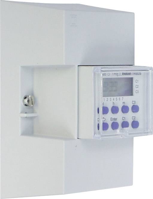 Ein weißer elektrischer Zähler mit digitalem Display und blauen Tasten an einer Wand montiert, zeigt Verbrauchsdaten an.