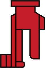 Rotes, stilisiertes Symbol einer sitzenden Figur mit erkennbaren klaren geometrischen Formen.