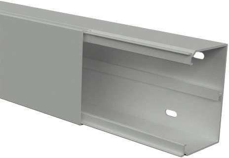 Graues Kabelkanalprofil mit abnehmbarer Abdeckung, rechteckige Form, für die Organisation und Verlegung von Kabeln geeignet.