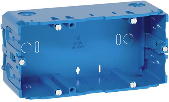 Eine blaue Kunststoff-Unterputzdose für die Elektroinstallation, mit Schraublöchern und Aussparungen für Kabeldurchführungen.