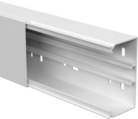 Ein weißer Kabelkanal aus Kunststoff, geöffnet, zeigt innenliegende Fächer zur Organisation von Kabeln. Geeignet für saubere Installationen.