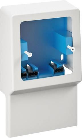 Weiße Kunststoffabdeckung mit blauem Innenfach, passend für Montage an elektrischen Geräten oder Schaltungen.