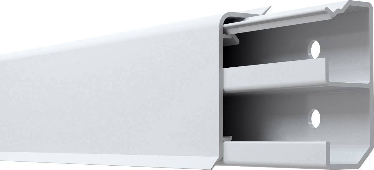 Ein weißer Deckenträger für Vorhangschienen mit zwei parallelen Schienenkanälen, rechts offene Endseite. Geeignet zur Befestigung an der Decke.