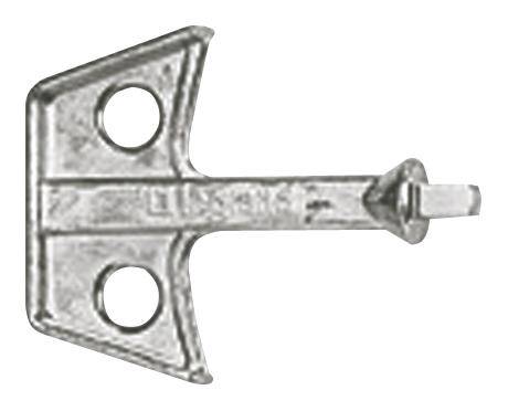 Ein silbernes Metallstück mit zwei runden Löchern und einer kleinen, hervorstehenden Lasche auf der rechten Seite.