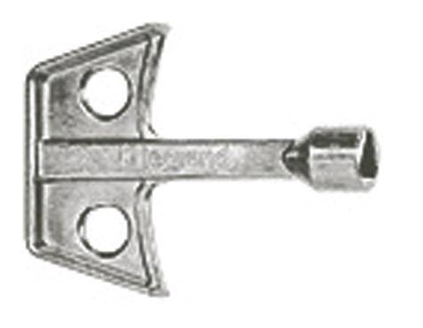 Ein silberner Schlüssel zum Aufziehen von Spielzeug, mit einem rechteckigen Griff und zwei runden Löchern an den Enden.