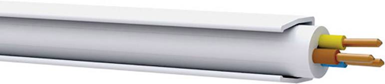 Dreiadriges Elektrokabel mit flexiblem, weißem Mantel. Drähte in Rot, Blau und Gelb/Grün sind sichtbar.