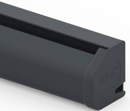 Ein schwarzes Kunststoffkabelkanal mit abnehmbarem Deckel, Seitenansicht. Eignet sich zur Aufbewahrung und Organisation von Kabeln.