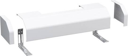 Ein weißes Abdeckgehäuse für Heizungsventile mit zwei Halterungen, bereit zur Montage.