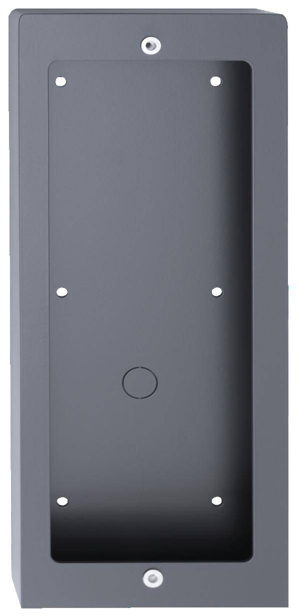 Metallrahmen für den Wandeinbau eines Zutrittskontrollsystems; rechteckig, grau, mit Bohrlöchern und Aussparungen zur Montage.