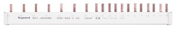 'Legrand 427.400' Sammelschiene, 230/400 V AC, 16 Einheiten, 10 mm², mit CE-Kennzeichnung. Hauptsächlich weißes Design mit roten Anschlussstiften.