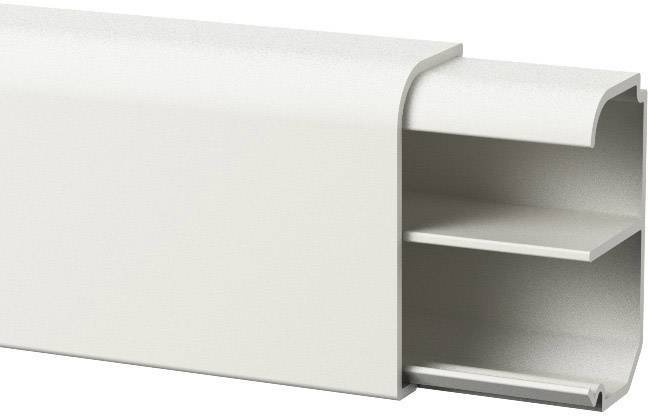 Ein weißer Kabelkanal mit abnehmbarem Deckel und zwei innenliegenden Fächern zur Kabelorganisation.