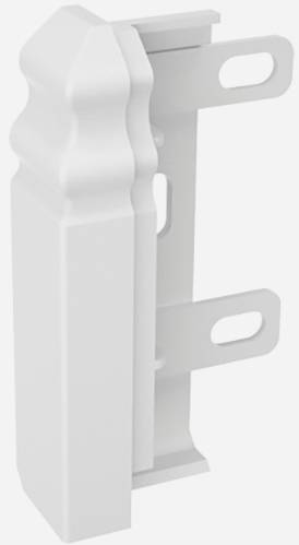 Ein weißer Zaunpfostenaufsatz aus Kunststoff mit dekorativem Design und Halterungen, geeignet zur Befestigung an einem Zaun.