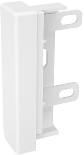 Weißer Metallwinkel mit zwei rechteckigen Öffnungen, möglicherweise zur Befestigung an einer Wand oder einem Geräteseitenteil.