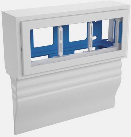 Weiße Schalttafel mit blauem Innenrahmen und mehreren Befestigungselementen. Verwendet für die Montage an Wänden.