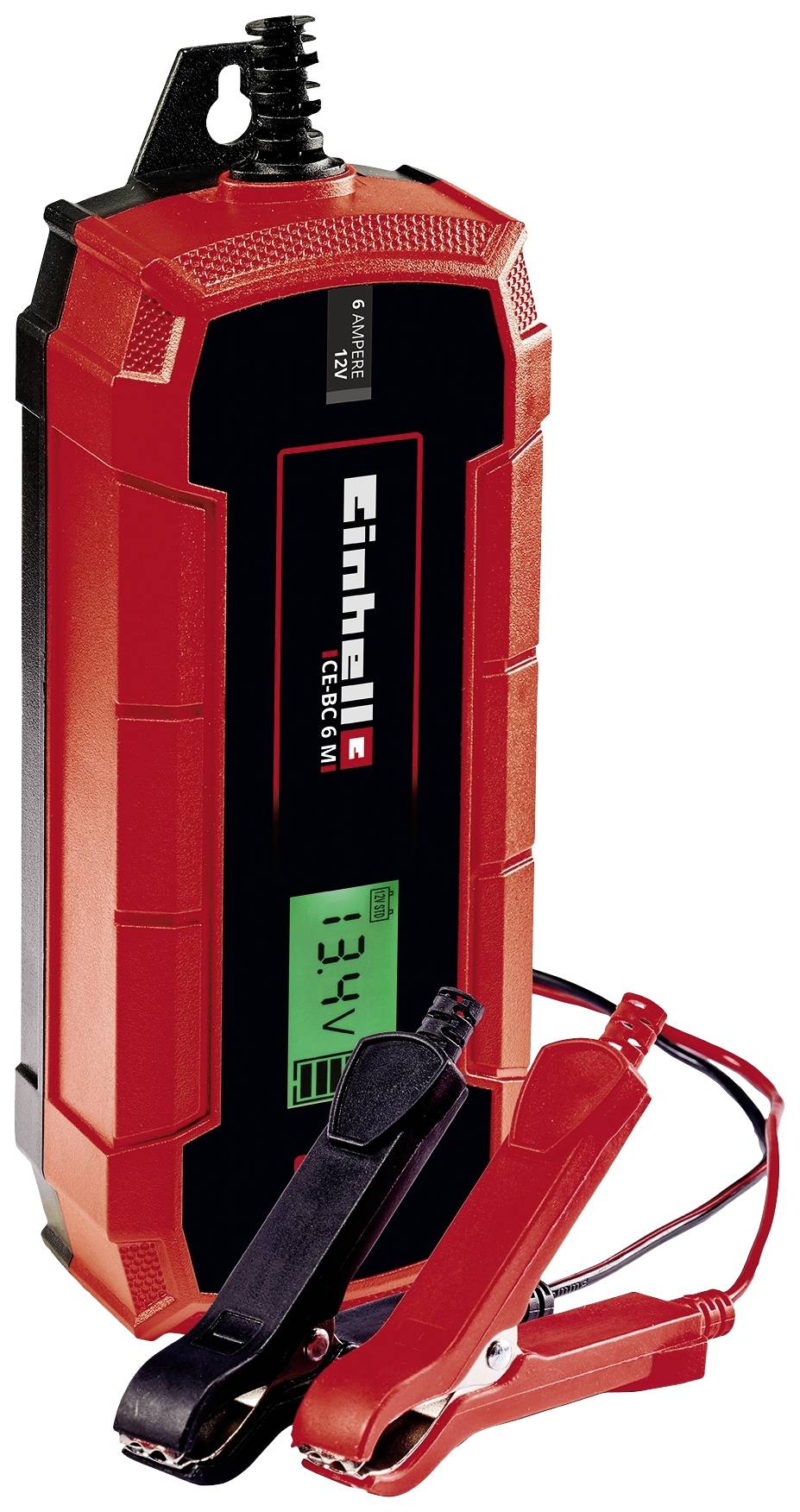 Ein rotes Batterieladegerät mit digitalem Display, zeigt '13.4V' an. Enthält schwarze und rote Klemmen zum Anschließen an eine Batterie.