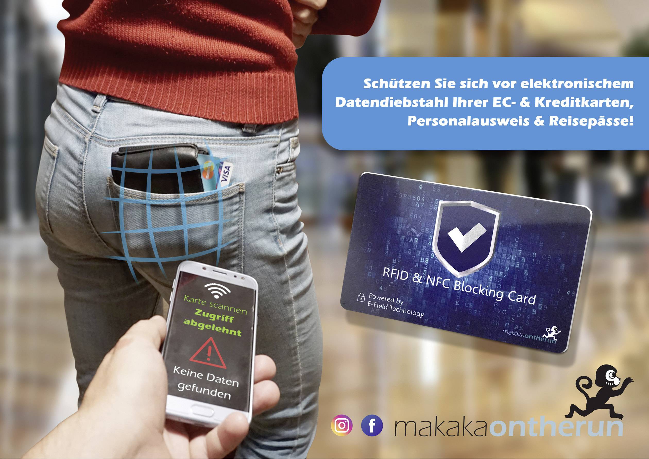 Makaka on the run RFID NFC Blocker Karte Blau X000M77UST 2St.