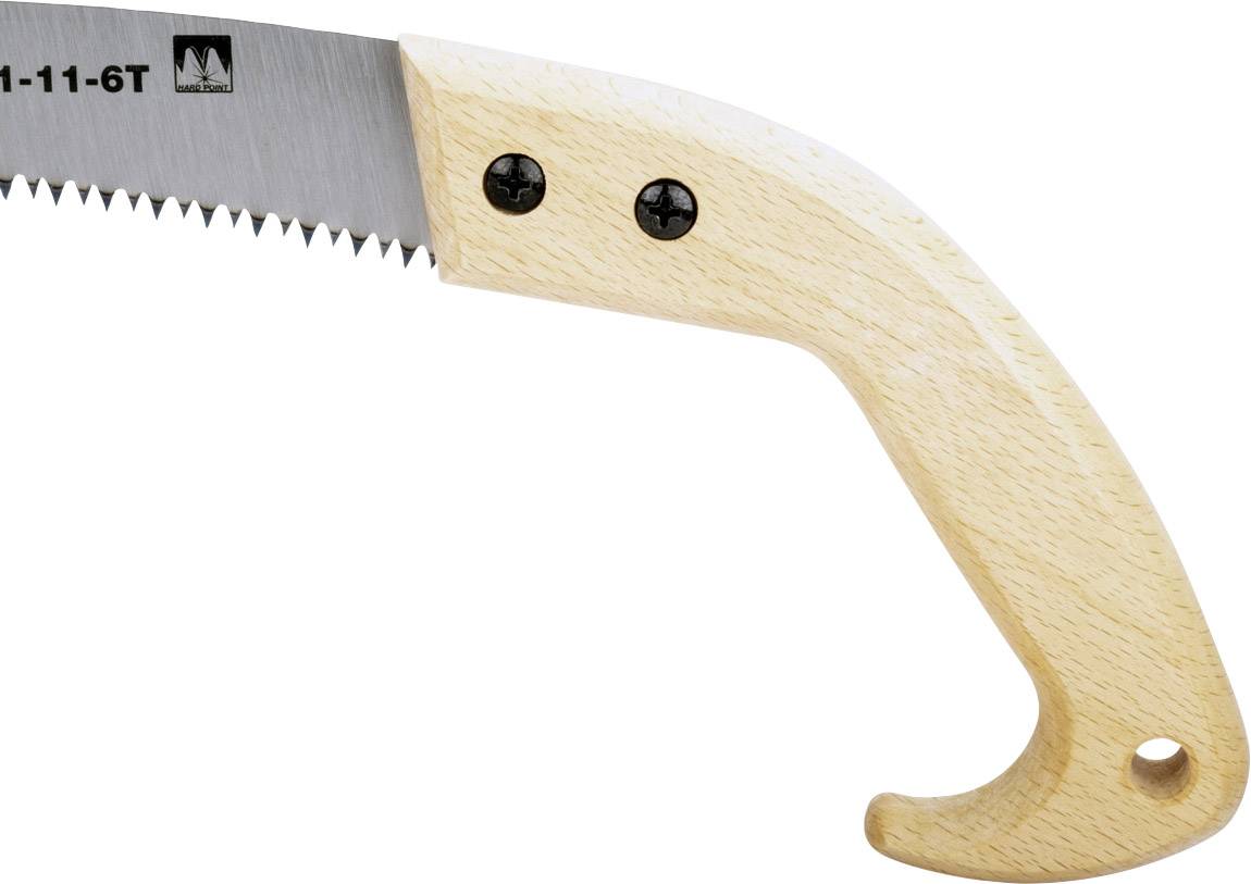 Säge mit einem Holzgriff, zwei Schrauben und einer metallischen, gezahnten Klinge.