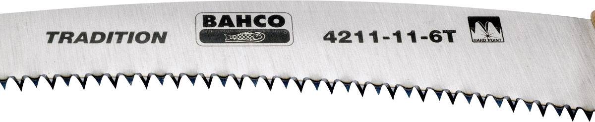 Nahaufnahme einer Bahco Tradition-Säge mit Zähne-Details, Modellnummer 4211-11-6T, unter einem Bäume-Logo.