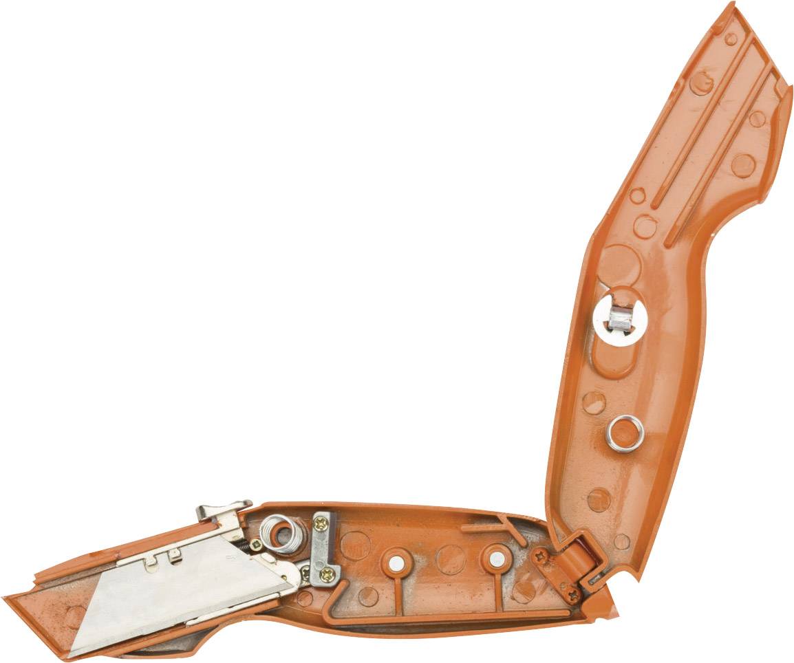 Aufgeklappter orangefarbener Cutter-Messergriff mit sichtbarem Innenmechanismus.