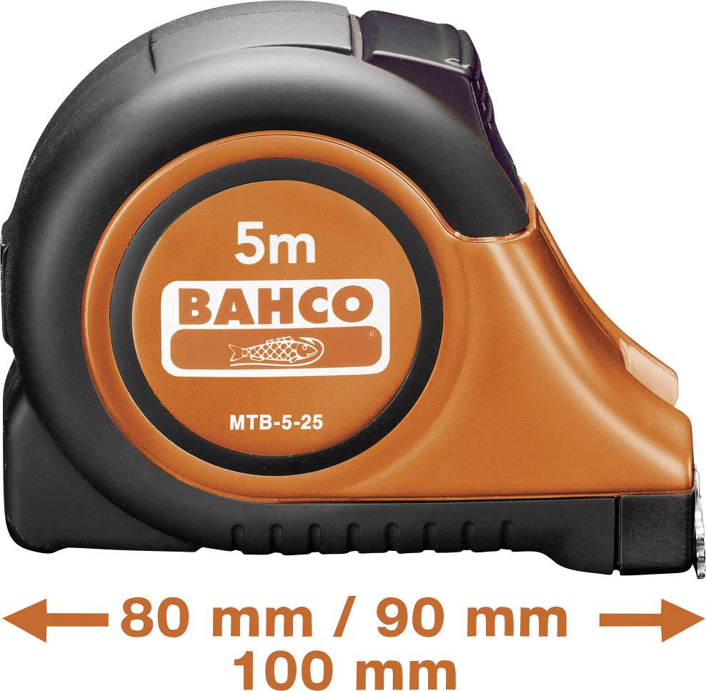 Orange-schwarzes Maßband von Bahco, Längenangabe '5m', daneben Pfeile mit den Maßen 80 mm, 90 mm, 100 mm.