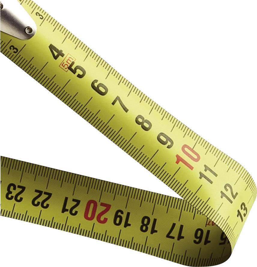 Ein gelbes Maßband mit schwarzen und roten Markierungen zeigt Zentimetermaße von 9 bis 21.