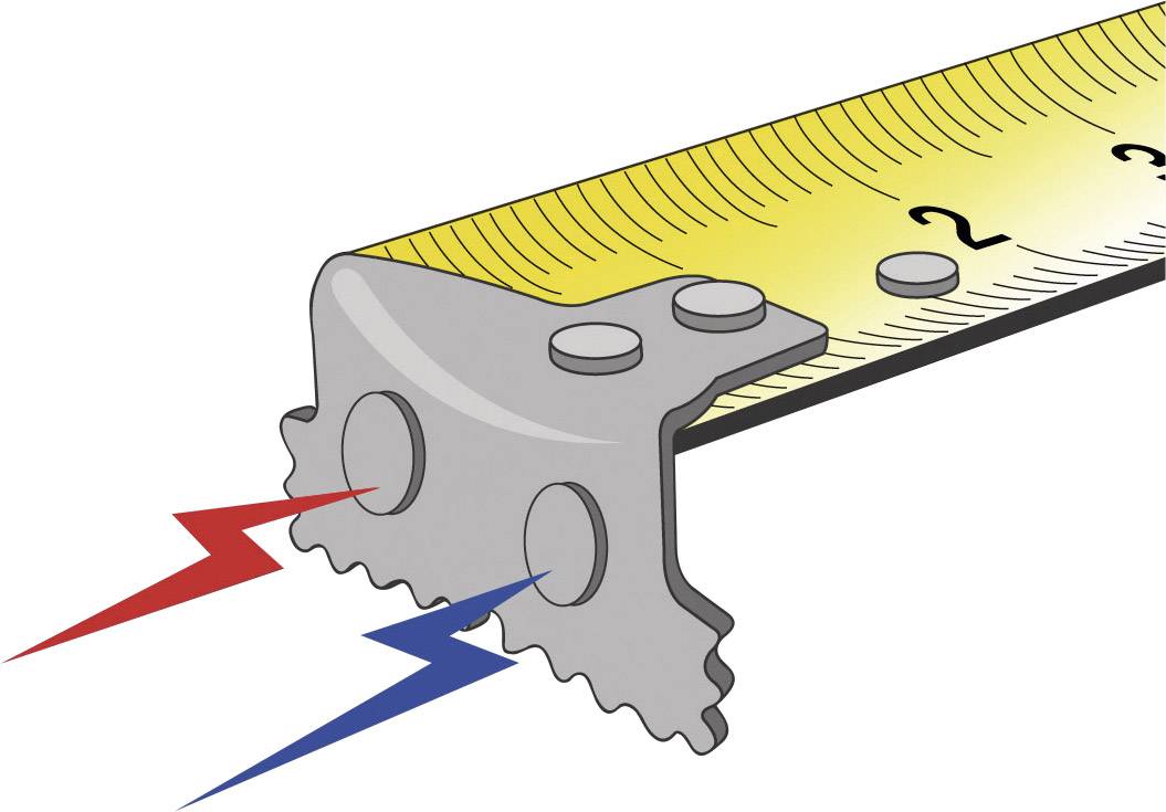 Illustration eines Metallteils eines Maßbandes, das Spannungen durch rote und blaue Blitze anzeigt.