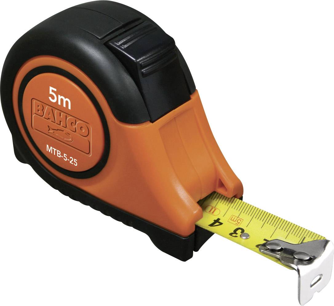 Ein oranges und schwarzes Maßband von Bahco, 5 Meter Länge, mit gelber Skala und schwarzer Text.