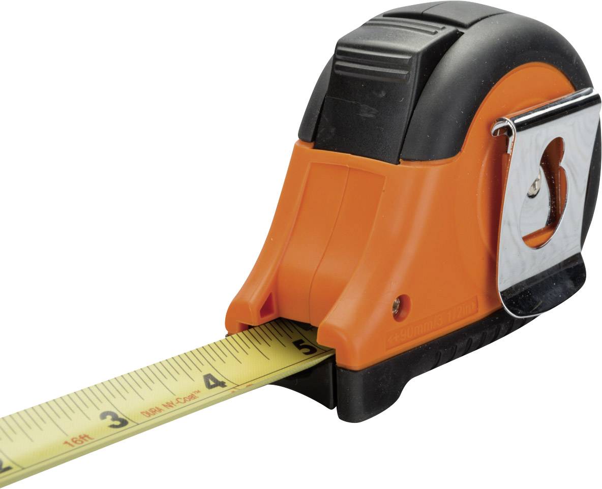 Ein orangefarbenes Maßband mit ausgerolltem Band bis zur Markierung 5. Es hat einen schwarzen und silbernen Gehäusegriff.