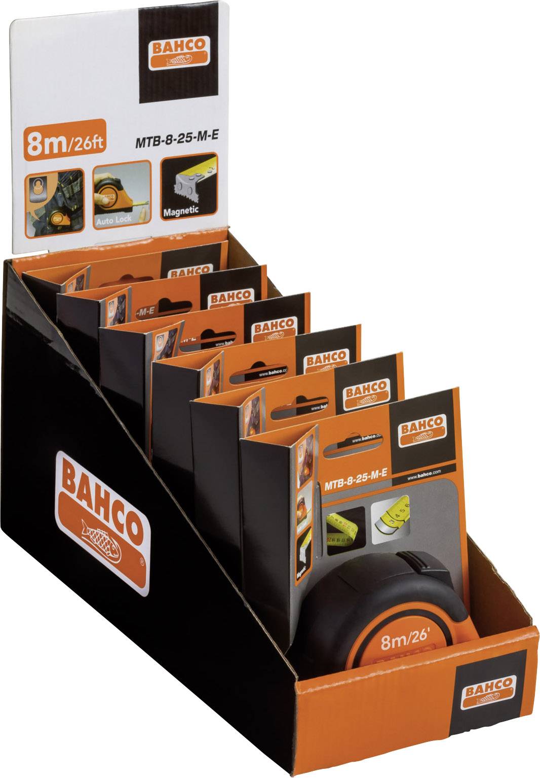 Verpackung mit mehreren Maßbändern der Marke Bahco, magnetisch, Länge 8 m/26 ft, in einem Verkaufsaufsteller präsentiert.