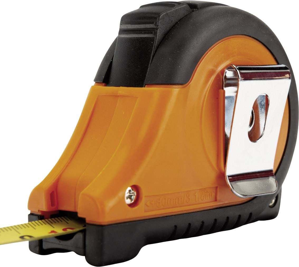 Ein orangefarbenes Maßband in einem Kunststoffgehäuse, das Maßband herausgezogen. Geeignet für Messungen in Bau oder DIY-Projekten.