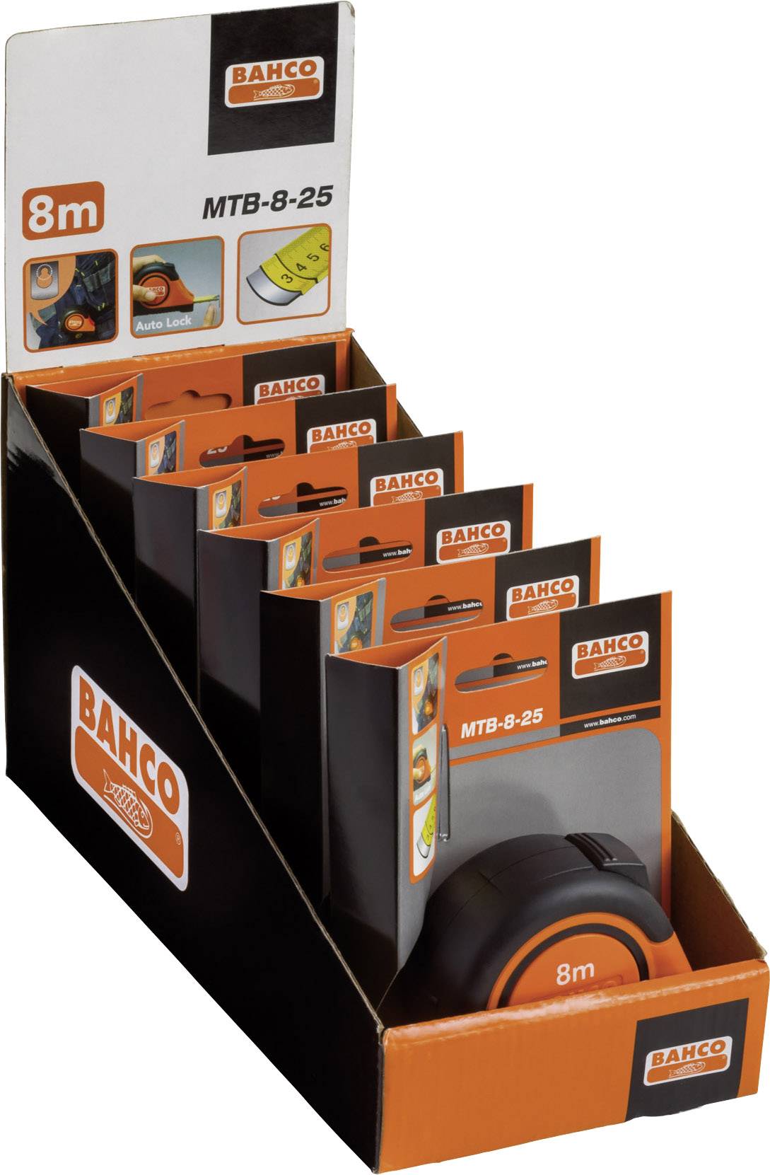 'Bahco' Maßbänder Display mit mehreren 8m Maßbändern in Schachteln, aufrecht stehend. Orange und schwarze Farbtöne dominieren.