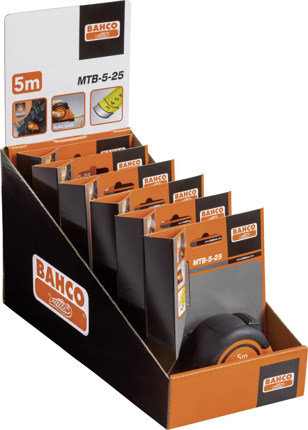 Ein Verkaufsdisplay mit mehreren Bandmaßen der Marke Bahco. Die Bandmaße sind 5 Meter lang und das Display trägt die Aufschrift 'MTB-5-25'.