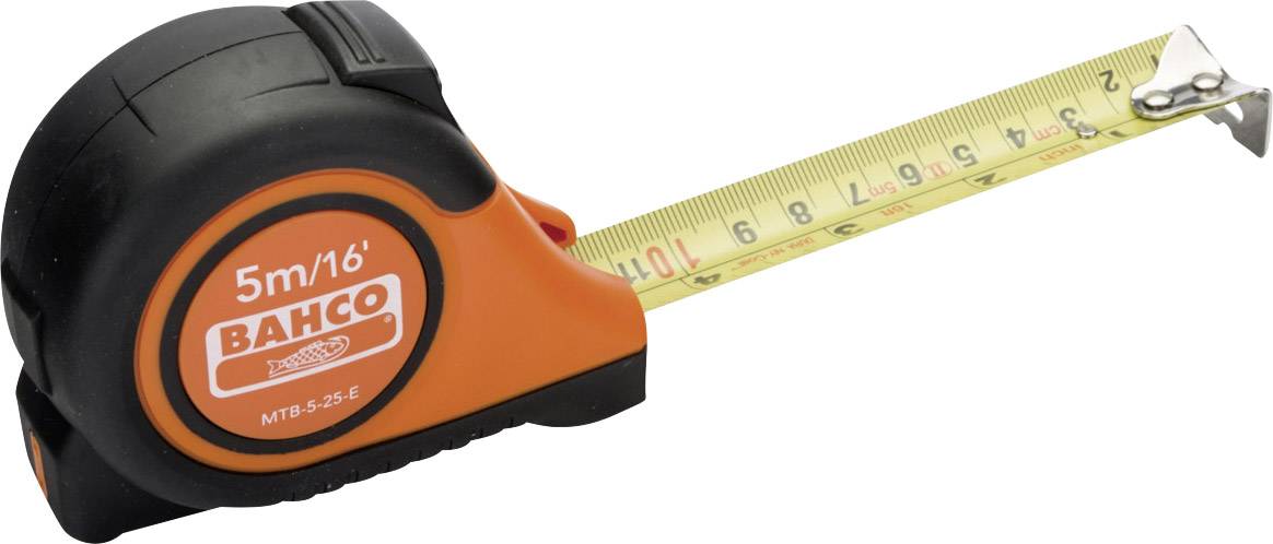 Ein orange-schwarzes Maßband, ausgezogen. Markierungen in Zentimetern und Millimetern sind zu sehen.