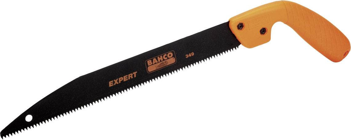 Eine Handsäge mit orangefarbenem Griff und schwarzem Blatt, auf dem 'BAHCO EXPERT 340' steht. Geeignet für Holzarbeiten.