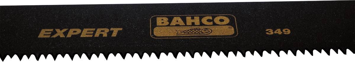 Nahaufnahme einer schwarzen Säge mit goldfarbenem Aufdruck 'EXPERT BAHCO 349', zeigt die scharfen Zähne der Klinge.