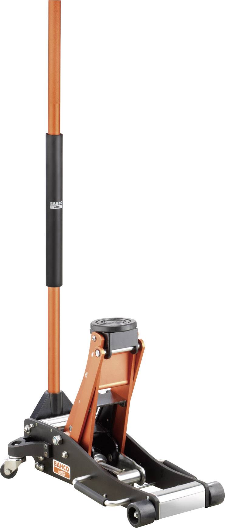 Ein hydraulischer Wagenheber mit einem langen, orangefarbenen Griff. Hauptsächlich zum Anheben von Fahrzeugen verwendet.