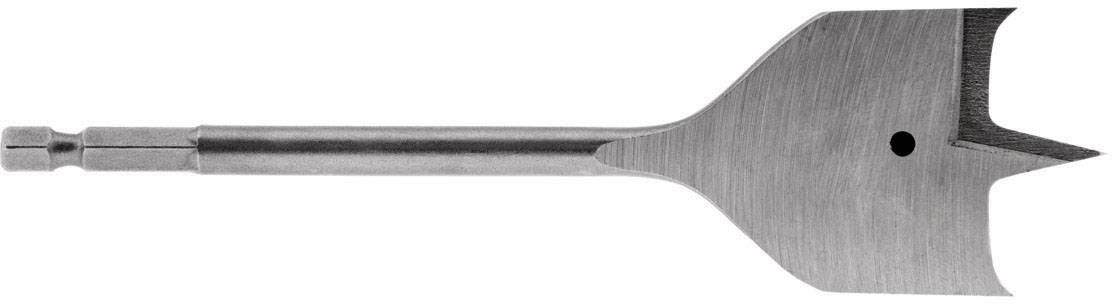 Spatenbohrer aus Metall mit scharfer Spitze und seitlichen Kanten, geeignet zum Bohren großer Löcher in Holz.