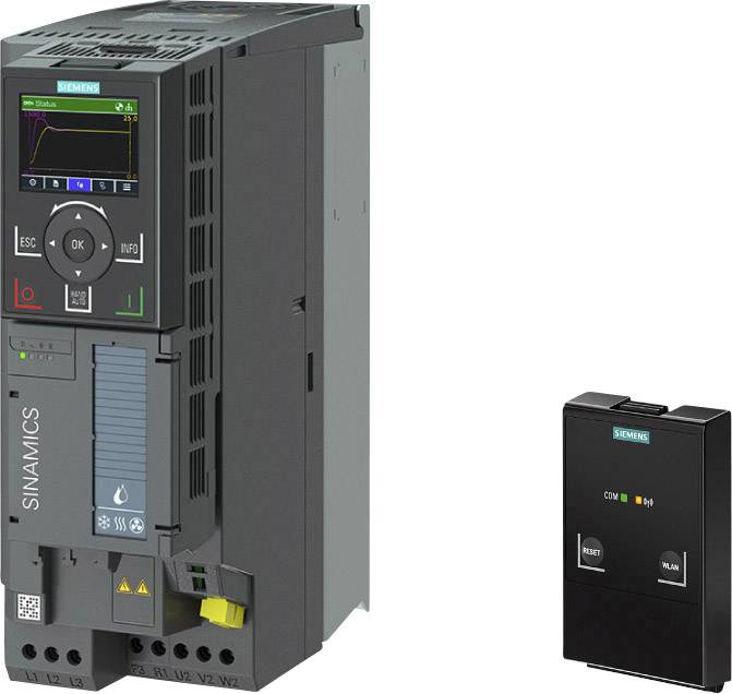 Elektrischer Frequenzumrichter von Siemens für Antriebssteuerung neben einer abnehmbaren Bedienoberfläche.