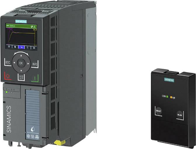 Siemens SINAMICS Frequenzumrichter mit digitalem Display und Bedienelementen, daneben ein kleines Zusatzmodul mit Tasten.