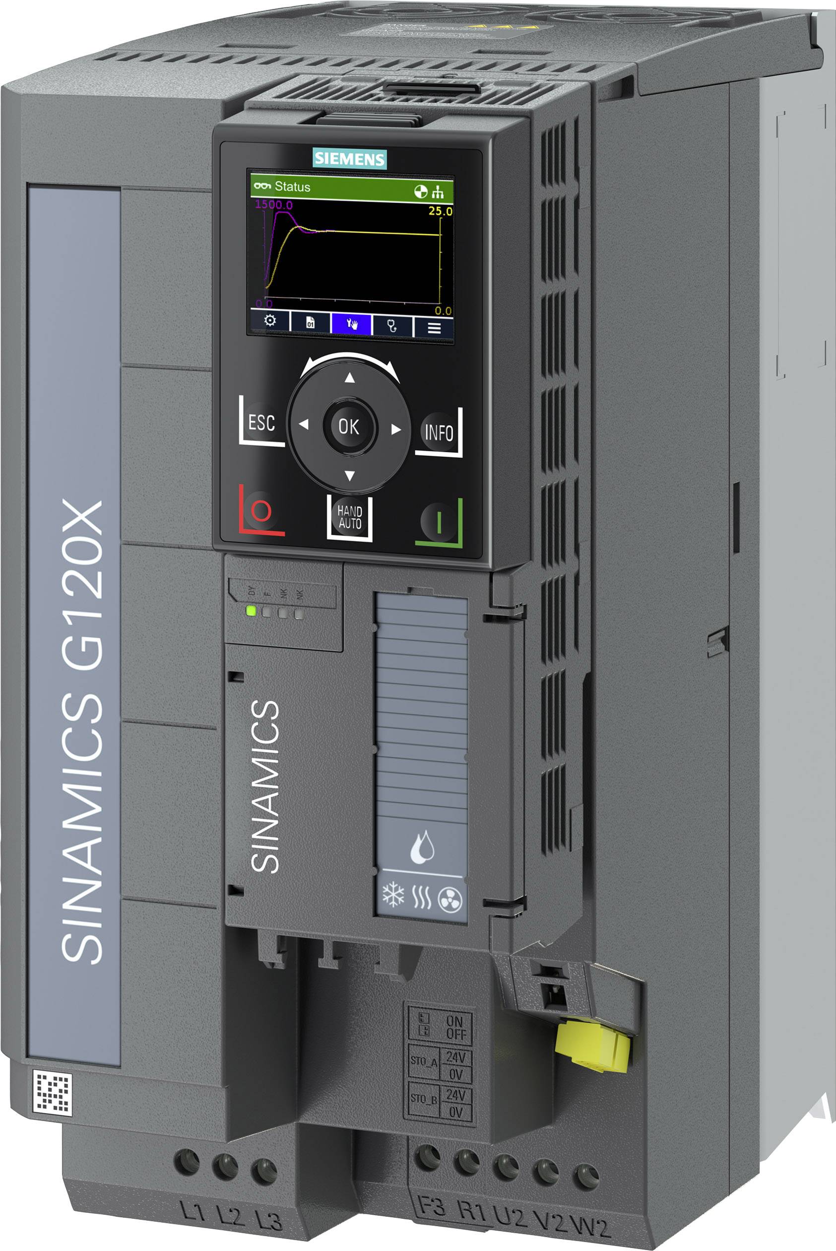 'Siemens Sinamics G120X' Frequenzumrichter in grauem Gehäuse mit Display und Bedientasten, geeignet für industrielle Anwendungen.